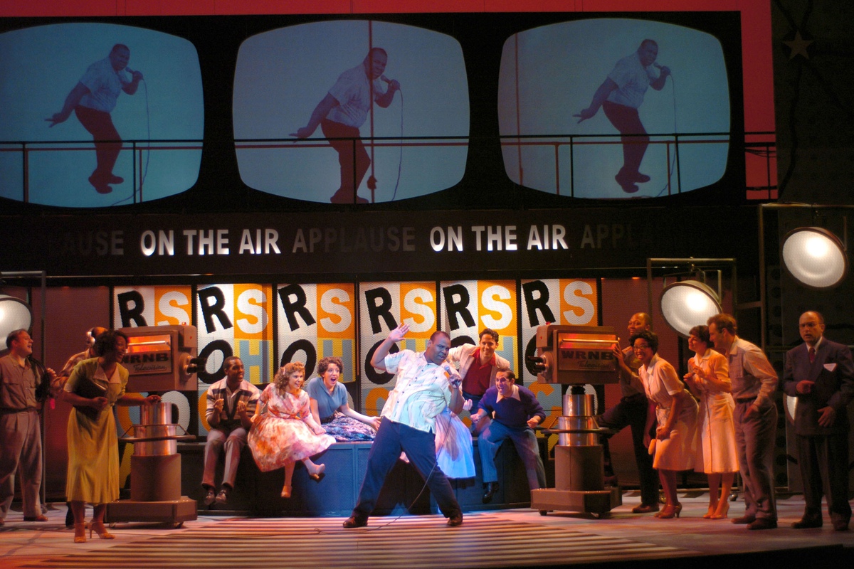 James Monroe Iglehart (center) and the company of the 2004 TheatreWorks Silicon Valley production of <i>Memphis</i>.